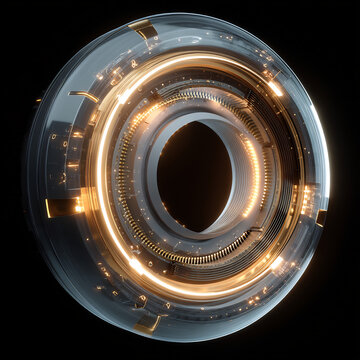 Futuristic glowing ring with transparent glass and golden light for technology