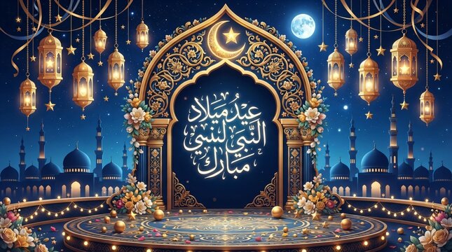 Beautiful eid milad un nabi mubarak backdrop with lanterns and mosque silhouette