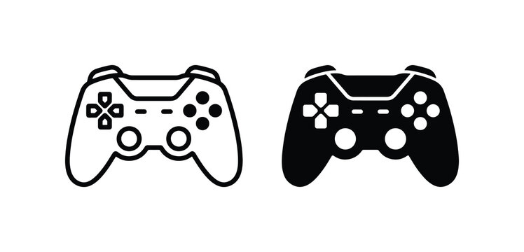 Video Game Controller Icons, Gaming Input Devices, Digital Entertainment Controls, Play Station Style Joysticks, Black and White Vector Graphics for Gaming Concepts