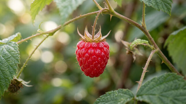 Single ripe raspberry hanging on prickly branch with green leaves, natural sunlight.