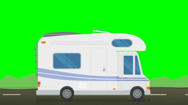 Animated camper van driving representing road trip, summer vacation, outdoor adventure, and freedom. Chroma key green screen with alpha channel. (loopable)