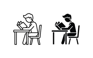 Fototapeta premium Student Reading Book at Desk, Silhouette and Outline Icons, Education Concept, Knowledge Acquisition, Study Session