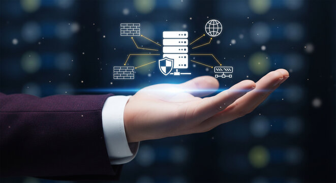 Secure cloud database hosting concept, businessman holding virtual server icon with firewall shield, data center network protection