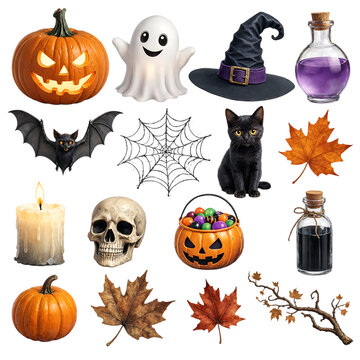 Halloween Themed Icons with Transparent Background for Creative Projects transparent background
