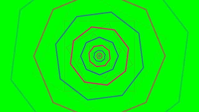 Concentric heptagonal shapes forming a vibrant tunnel on a green background