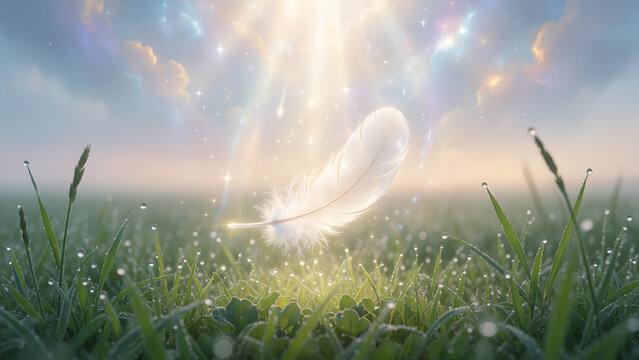 A single white feather floating above a lush green meadow under a magical glowing sky.