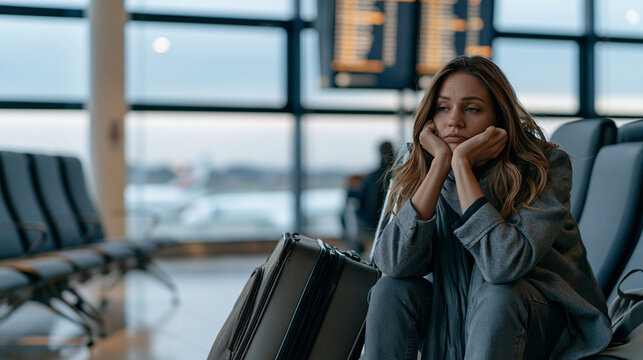 A tired young woman sitting alone at an airport gate, slouched forward with elbows on knees and face resting in both hands, a large carry-on bag leaning against her legs, departure