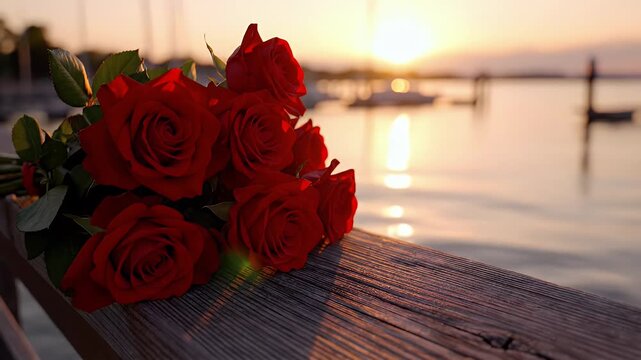Bouquet of red roses resting on a weathered wooden dock at sunset by the tranquil lake