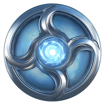 Futuristic metal shield with glowing blue energy core 3D rendered