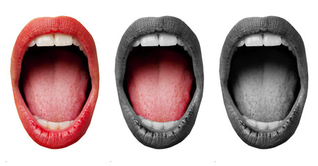 Three open mouths display different shades and tones. The first mouth is red, the second is pink, and the third is gray. Each mouth shows an open expression with visible teeth and tongues. © beast01