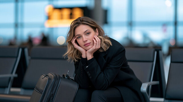 A tired young woman sitting alone at an airport gate, slouched forward with elbows on knees and face resting in both hands, a large carry-on bag leaning against her legs, departure