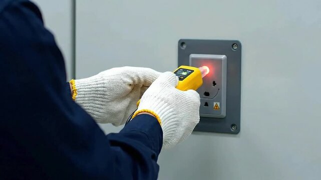 Electricity Inspection: Technician Testing Voltage with Tester on Electrical Outlet in Safe Working Environment