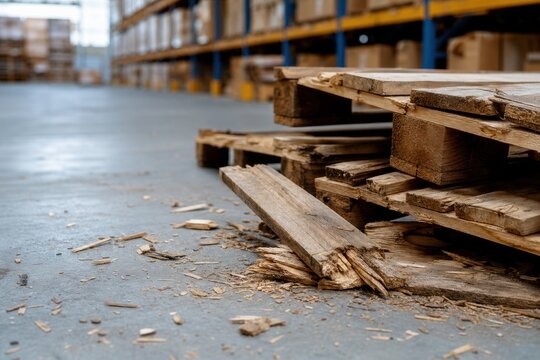 supply chain management logistics risk management. Broken wooden pallets stacked inside a large warehouse with shelving and scattered wood debris on the floor.
