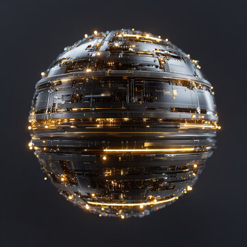 Futuristic black metallic sphere with glowing gold lights 3D rendered