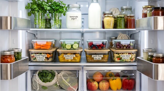 A well organized refrigerator interior filled with fresh produce and neatly stored food in clear glass containers