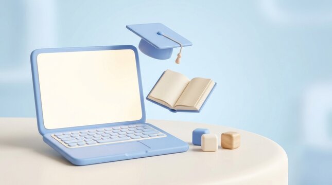 Preparing Future Skills Through Digital Education, Online education concept with laptop, graduation cap, and open book on blue background