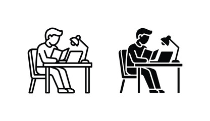 Fototapeta premium Student Studying at Desk with Laptop and Lamp, Icon Set, Black and White Line Art