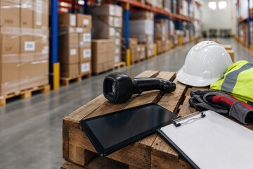 Fototapeta premium supply chain management logistics risk management. Warehouse safety gear and technology tools on wooden pallet in a modern storage facility.