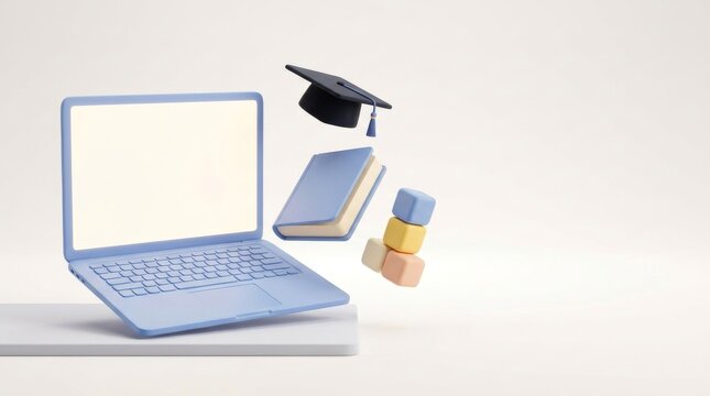 Preparing Future Skills Through Digital Education, Laptop, graduation cap, book, and wooden blocks on a white background symbolizing education and online learning.