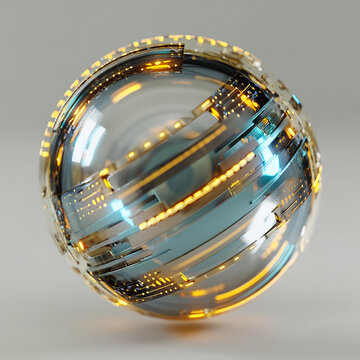 Futuristic sphere with glowing blue and gold lines 3D rendered