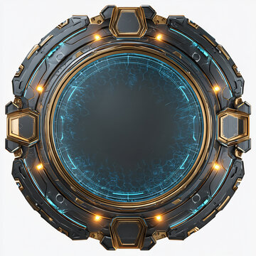 Futuristic black and gold metallic circular frame with glowing blue lights 3D rendered
