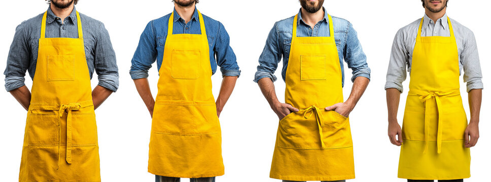 Four men wearing yellow aprons over their everyday shirts and jeans. They are standing against a transparent background, with their arms in various positions. Each apron is tied at the waist.