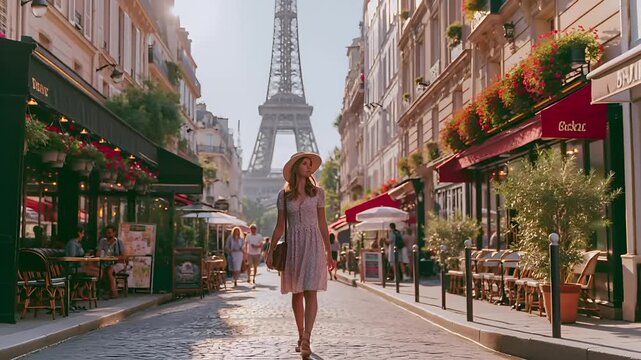 Paris, France, Europe. A vivid portrayal of a Parisian street scene at sunset. A woman in a light pink dress and widebrimmed hat walks down the cobblestone path.