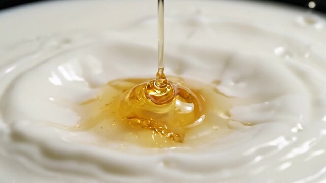 Gold liquid pouring into white milk creating splash. Crown shape and ripple effect in dairy beverage. Macro shot of mix of drink in concept of food experiment.