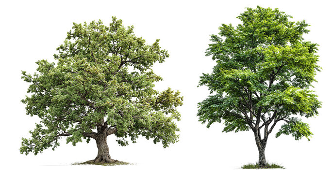 Against a transparent background, two groups of trees are depicted, each distinguished by its shape and leaf pattern. The focus is on their unique characteristics and details, highlighting their diver