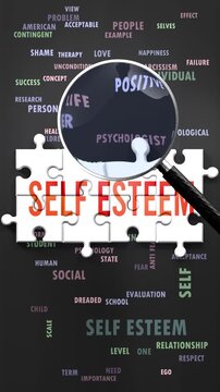 Self Esteem under magnifying glass, being researched, studied and examined. Most important subjects and ideas related to self esteem written around a puzzle to symbolize complexity of self esteem.