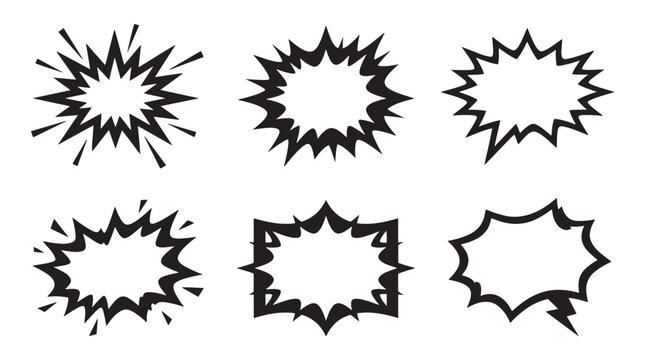 Collection of comicstyle explosion and speech bubble silhouettes with jagged edges ideal for graphic designs web icons and popart projects in black and white vector format