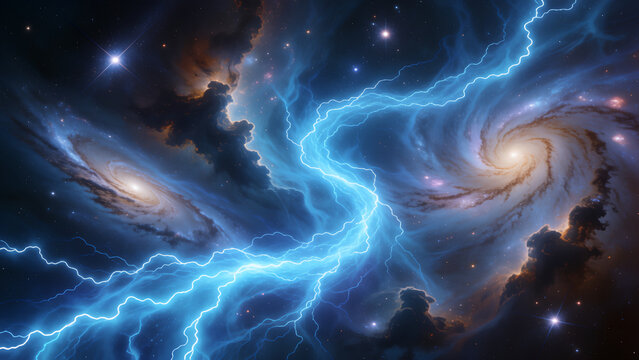 Abstract cosmic background featuring glowing blue lightning bolts traveling through a deep space galaxy nebula.