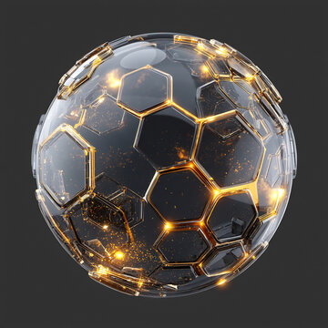 Futuristic black sphere with glowing golden hexagonal grid 3D rendered