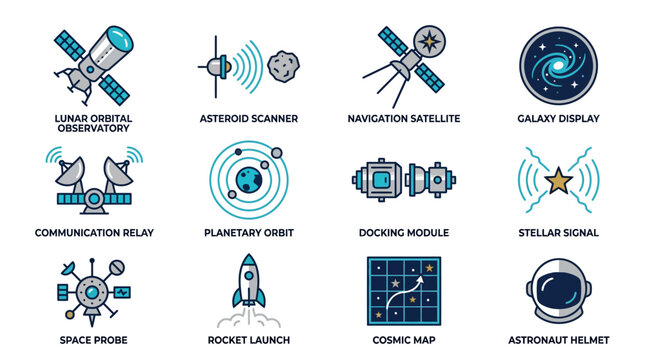 Space exploration icons represent advanced cosmic technology and celestial navigation markers for astronomical research projects.