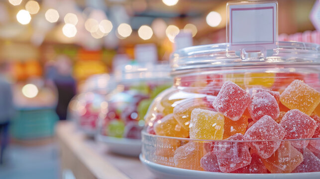 Colorful gummy candies in transparent containers at a vibrant market during the day