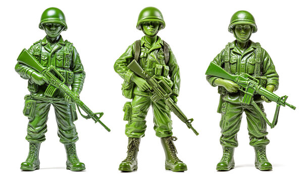 Sets of toy soldiers are displayed against a transparent background. Each figure strikes a pose and is armed. These figures are intended for both children and collectors.