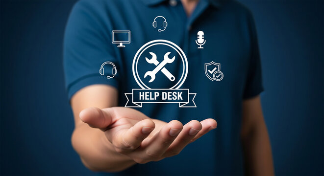 Help desk support concept, IT service technician holding virtual troubleshooting icons