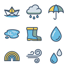 Obraz premium Weather icons display various meteorological elements including rain clouds, umbrellas, and rainbows for forecast graphics.