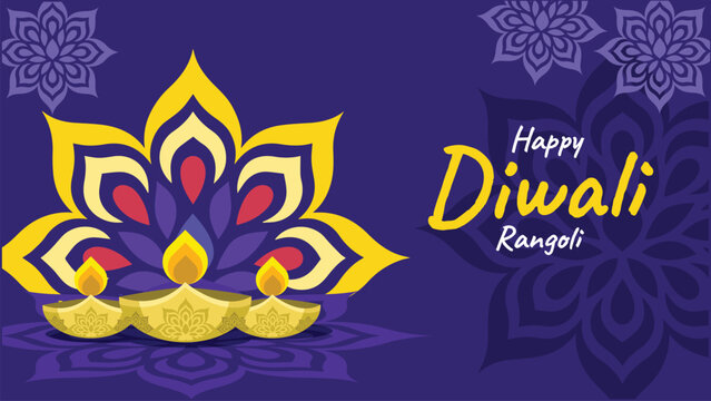 Happy Diwali Banner with Lotus Rangoli and Glowing Diya Oil Lamps