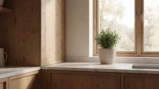 Small green potted plant sitting on a marble kitchen countertop by a wooden window.