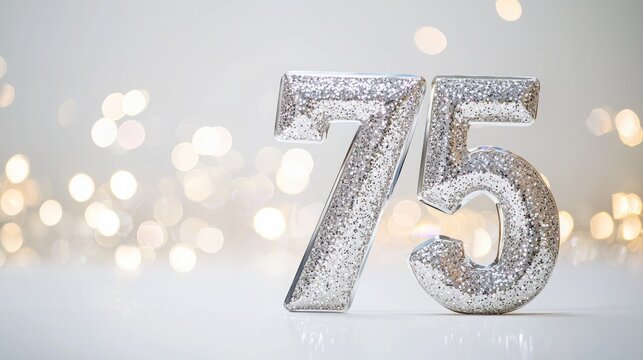 Silver Glitter Number 75th Birthday Anniversary on White Background