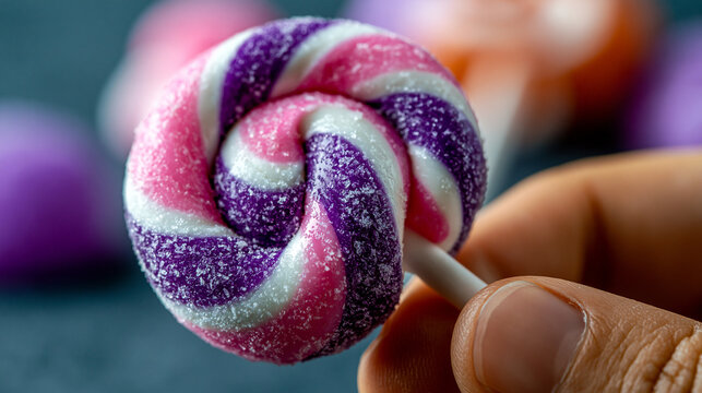 Person holding a swirled multi-colored sugar-coated lollipop with sugar sprinkled, lollipop