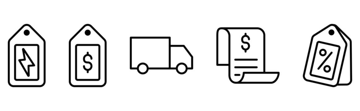 icon set of e-commerce and retail symbols including flash sale tag, price tag with dollar sign, delivery truck, billing invoice receipt, and discount percentage tag 