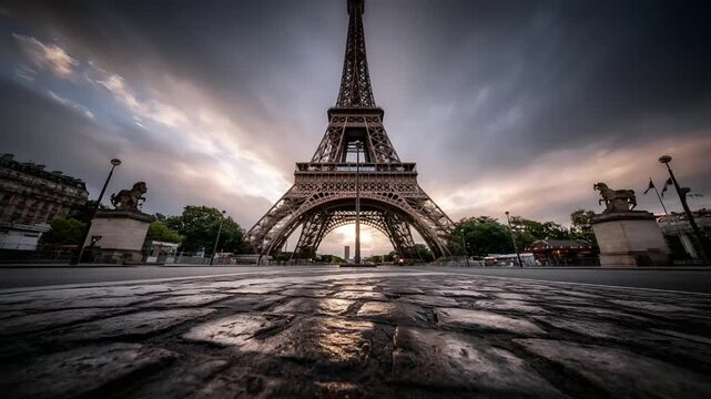 Paris, France, Europe. A vivid portrayal of the Eiffel Tower in Paris, France, bathed in the warm glow of the setting sun. The eiffel tower stands tall.
