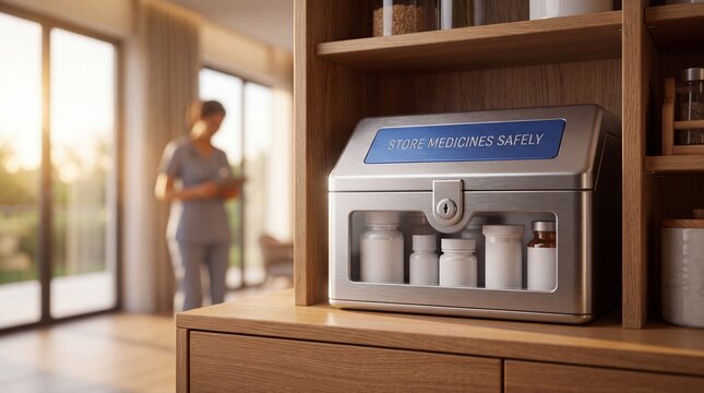 Secure metal medicine box organized on wooden shelving unit with blurred caregiver in background interior