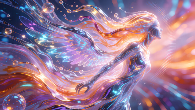 Ethereal liquid spirit floating with wings in a vibrant magical cosmic space.