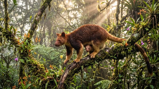 Rare tree kangaroo with a small joey climbing on mossy rainforest branches with tropical orchids and sunbeams