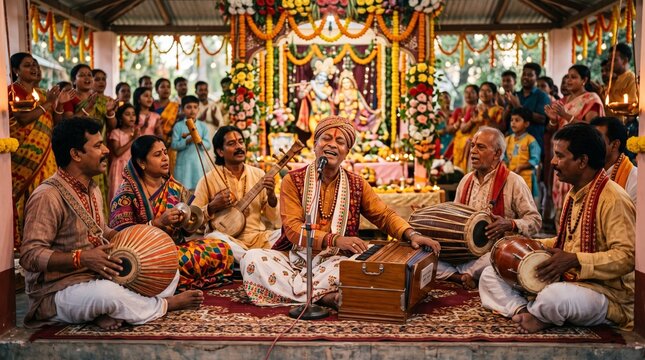 Traditional Indian musicians performing devotional bhajan music with harmonium and mridangam in a decorated temple pavilion