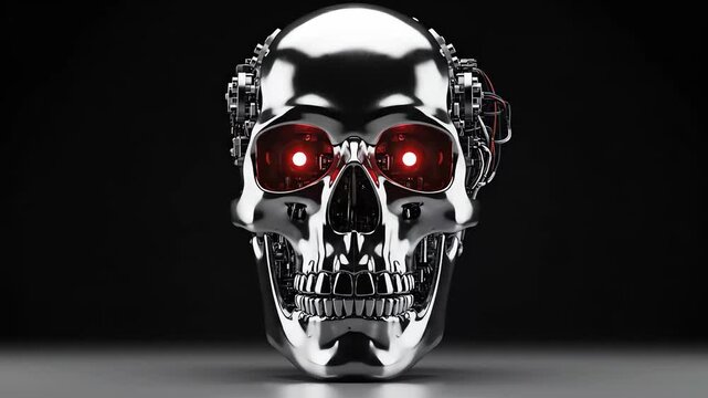 Robotic Chrome Skull with Red Glowing Eyes and Glitch Effect