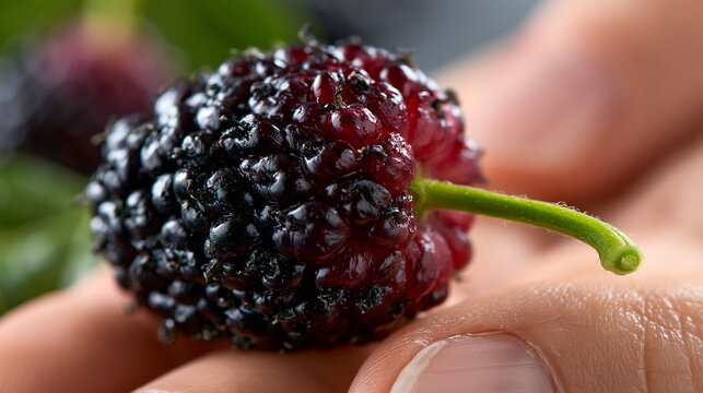 Fresh ripe mulberry held in fingers close up with mulberry nutrition vitamins agriculture